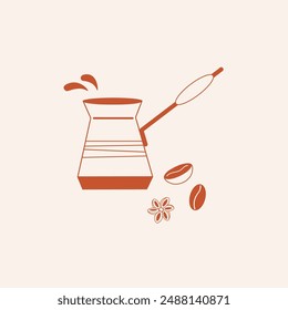 Turk Coffee cup with roasted beans hand drawn vector illustration. Logo in vintage style with hot drink with coffee maker for card, template, sign, label, social media. Symbol for cafe, and coffeeshop