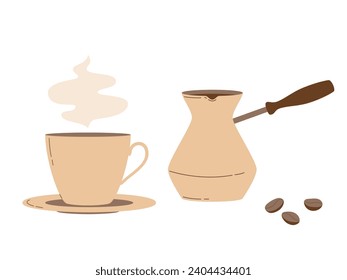 A turk and a coffee cup with a steam. Modern flat vector illustration isolated on white background