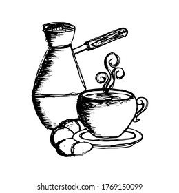 
Turk with hot coffee, illustration of coffee beans and refreshing flavored drink, vintage style.