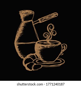 
Turk with hot coffee, illustration of coffee beans and refreshing flavored drink, vintage style.