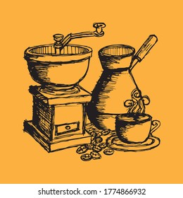 
Turk with hot coffee, illustration of coffee beans and refreshing flavored drink, vintage style.