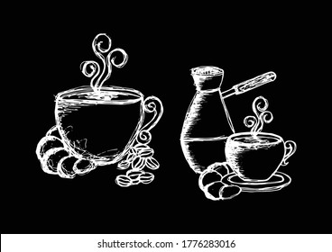 
Turk with hot coffee, illustration of coffee beans and refreshing flavored drink, vintage style.