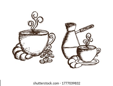 
Turk with hot coffee, illustration of coffee beans and refreshing flavored drink, vintage style.