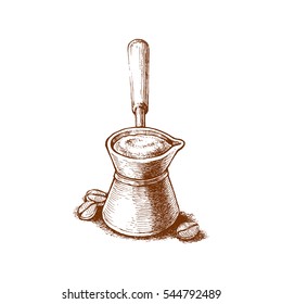 Turk with hot coffee, illustration of coffee beans and refreshing flavored drink, vintage style