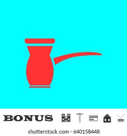 Turk icon flat. Red pictogram on blue background. Vector illustration symbol and bonus buttons Music center, corkscrew, credit card, house, drum