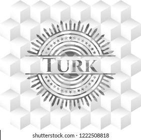 Turk retro style grey emblem with geometric cube white background