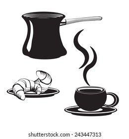 Turk, two croissant on a plate and cap of coffee for continental breakfast