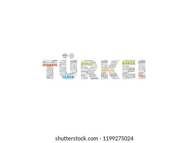 TURKEI word cloud concept made with point of interests in Turkey. 