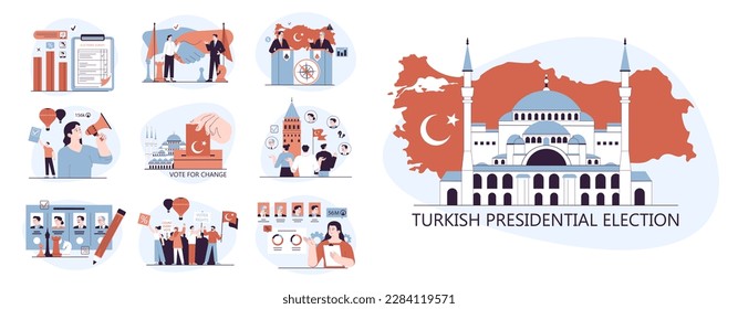 Turkey 2023 presidential election. Democratic procedure, turkish citizens deliberate and decide country's future by the electoral process. People choosing their leader. Flat vector illustration