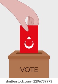 Turkey 2023 presidential election. Hand dropping a ballot in the colors of the Turkish flag into the ballot box. Election banner. People by voting for an election.
