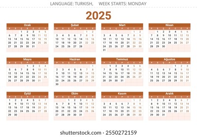 Turquía 2025 Calendario turco: ilustración de diseño anual moderno (takvim)