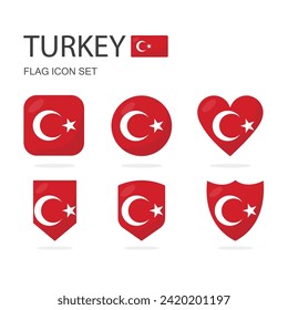 Turkey 3d flag icons of 6 shapes all isolated on white background.
