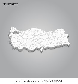Turkey 3d map with borders of regions. Vector illustration