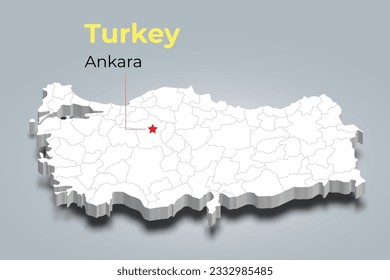 Mapa 3d de Turquía con fronteras de regiones y su capital