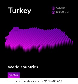 Turkey 3D map. Stylized neon simple digital isometric striped vector Map of Turkey is in violet colors on black background.