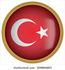Turkey 3D rounded Flag Button Icon with Gold Frame