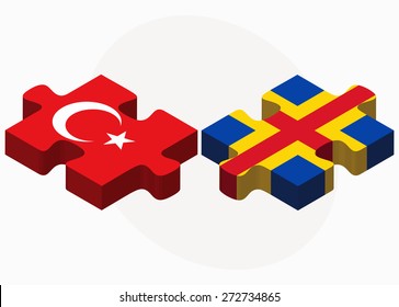 Turkey and Aaland Islands Flags in puzzle isolated on white background
