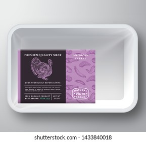 Turkey Abstract Vector Plastic Tray Container Cover. Premium Quality Poultry Packaging Design Label Layout. Hand Drawn Bird, Steak, Sausage, Wings and Legs Sketch Pattern Background. Isolated.