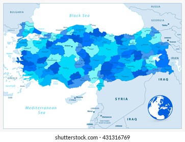 Turkey administrative map in blue colors with separated layers.