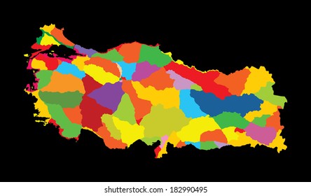 Turkey administrative vector map isolated on black background. High detailed illustration . Turkey silhouette map. Europe and Asian country.