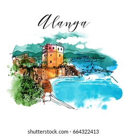 Turkey. Alanya.Watercolor Vector Background.