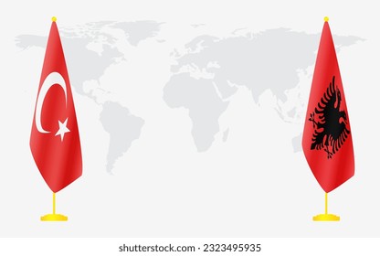 Turkey and Albania flags for official meeting against background of world map.