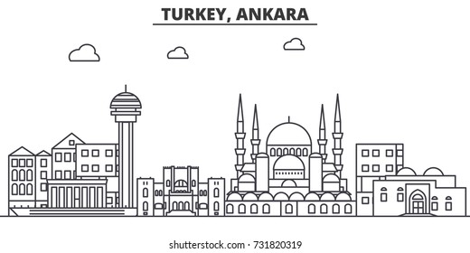 Turkey, Ankara architecture line skyline illustration. Linear vector cityscape with famous landmarks, city sights, design icons. Landscape wtih editable strokes