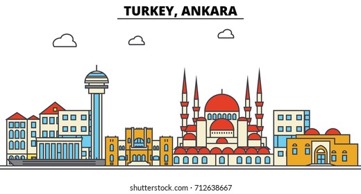 Turkey, Ankara. City skyline: architecture, buildings, streets, silhouette, landscape, panorama, landmarks. Editable strokes. Flat design line vector illustration concept. Isolated icons set