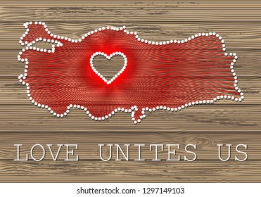 Turkey art vector map with heart. String art, yarn and pins on wooden planks texture. Love unites us. Message of love.