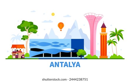 Turkey Attractions - modern colored vector illustration with Antalya Aquarium, congress center building, mountains, spice and paprika market, ancient tower, street, nature and summer vacation idea