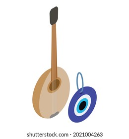 Turkey attribute icon isometric vector. Turkish saz and talisman blue eye. Turkish national instrument, amulet nazar against the evil eye