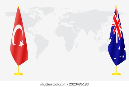 Turkey and Australia flags for official meeting against background of world map.