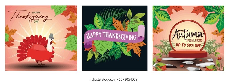 Turkey in autumn colors. Happy Thanksgiving text, surrounded by colorful autumn leaves. Promote fall sales with bright seasonal colors and nature inspired decor with podiums. 