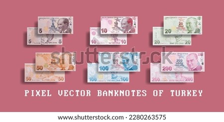 Turkey banknotes vector pixelated set. Notes in denominations of 5, 10, 20, 50, 100 and 200 Turkish liras.