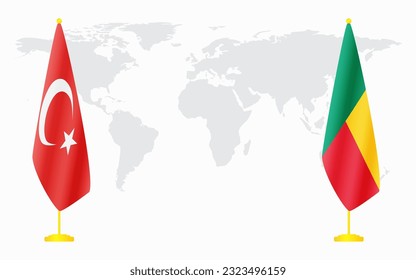 Turkey and Benin flags for official meeting against background of world map.