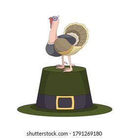Turkey and a big green hat in Cartoon design style made as a vector illustration on white isolated background for prints on postcards, clothes or using as elements of design for websites and icons.