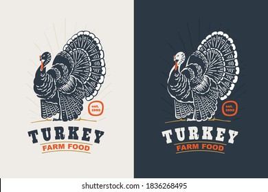 Turkey bird with big tail vintage silhouette logo. Classic emblem for prime farm label, poultry restaurant identity, thanksgiving poster etc.