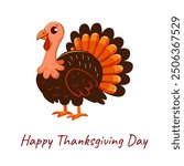 Turkey bird in bright vector illustration on white background. Thanksgiving card, brochure, poster, sticker