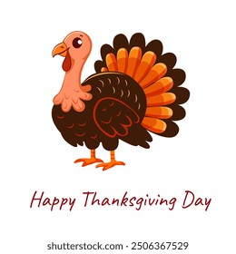 Turkey bird in bright vector illustration on white background. Thanksgiving card, brochure, poster, sticker