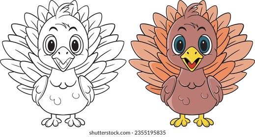 Turkey Bird Cartoon Character. Doodles art for Thanksgiving Day. Coloring book for adults and kids.