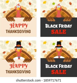 Turkey Bird Cartoon Character Flat Design Set 5. Vector Collection Isolated On White Background