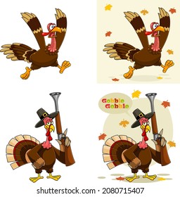 Turkey Bird Cartoon Characters. Vector Hand Drawn Collection Set Isolated On White Background