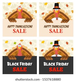 Turkey Bird Cartoon Mascot Character Over A Sign. Flat Vector Collection Isolated On White Background