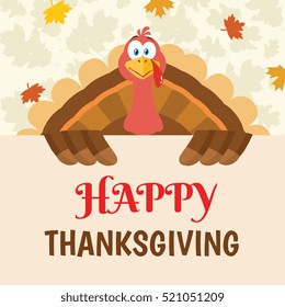 Turkey Bird Cartoon Mascot Character Holding A Happy Thanksgiving Sign. Vector Illustration Flat Design Over Background With Autumn Leaves