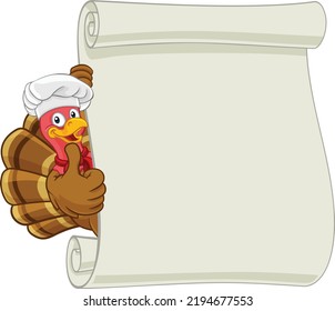 A turkey bird in a chef hat cartoon character with a scroll sign background illustration 