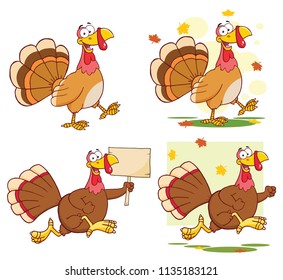 Turkey Bird Classic Cartoon Mascot Character Set 1. Vector Collection Isolated On White Background