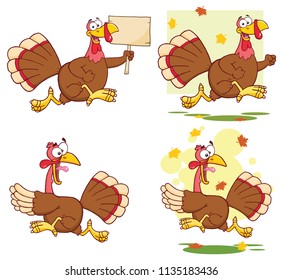 Turkey Bird Classic Cartoon Mascot Character Set 2. Vector Collection Isolated On White Background