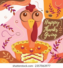 Turkey bird comming out from a pie Happy thanksgiving day poster Vector
