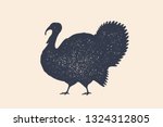 Turkey, bird. Concept design of farm animals - Turkey side view profile. Isolated black silhouette turkey on white background. Vintage retro print, poster, icon. Vector Illustration