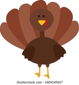 A Turkey bird with a distinctive fleshy wattle or protuberance hanging from the top of the yellow beak stands and body puffed-up spreading tail feathers, vector, color drawing or illustration.